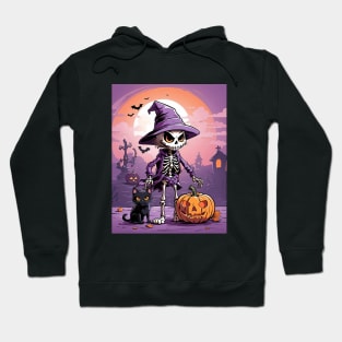 Well dressed Halloween skeleton with cat and pumpkin Hoodie